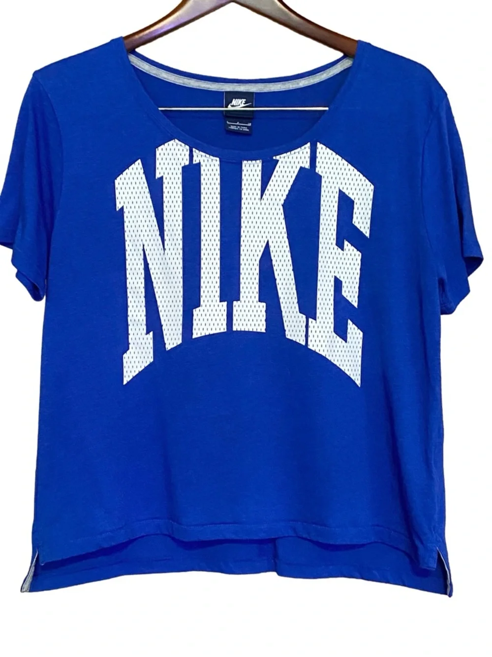 Nike Cropped Big Logo Retro Tee Cobalt Blue Mesh Graphic Oversized S